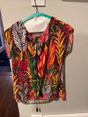 Sisley Vibrant Tropical Leaf Tie-Neck Blouse - Red, Yellow, Green